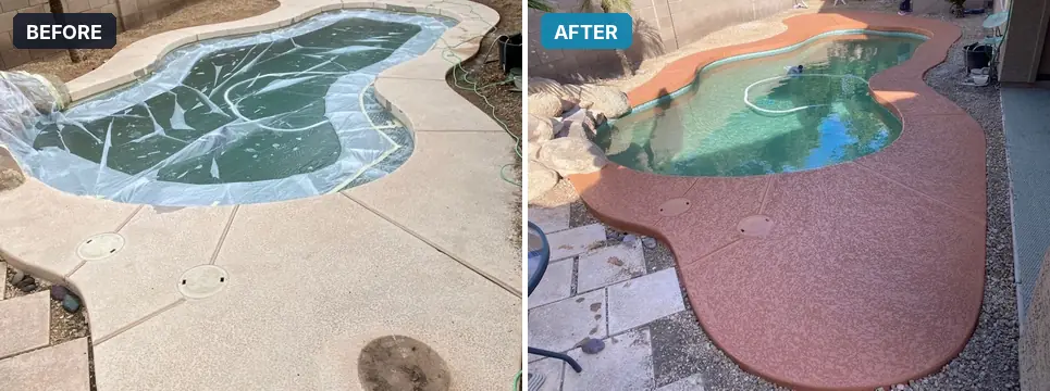 Stained pool deck resurfaced with a new coating, before and after