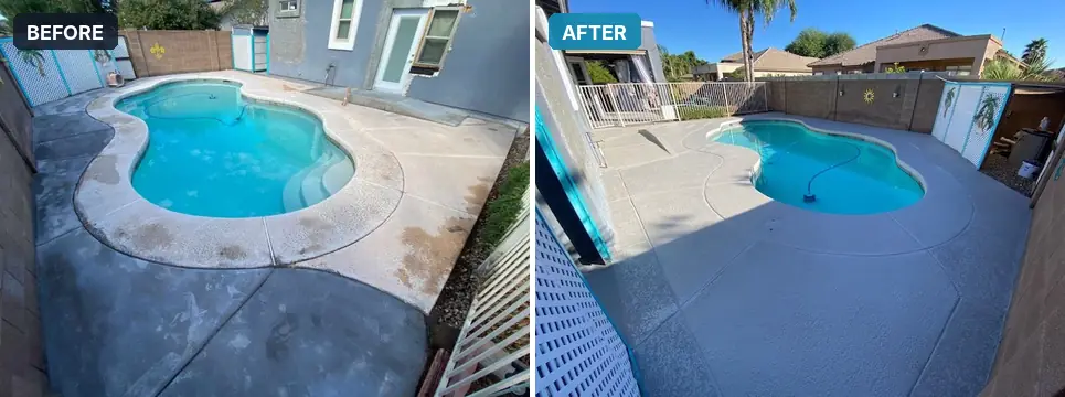 Worn, stained pool deck restored, before and after