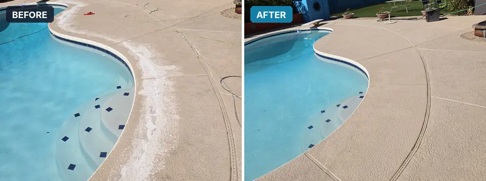 Curved pool deck edge resurfaced, before and after