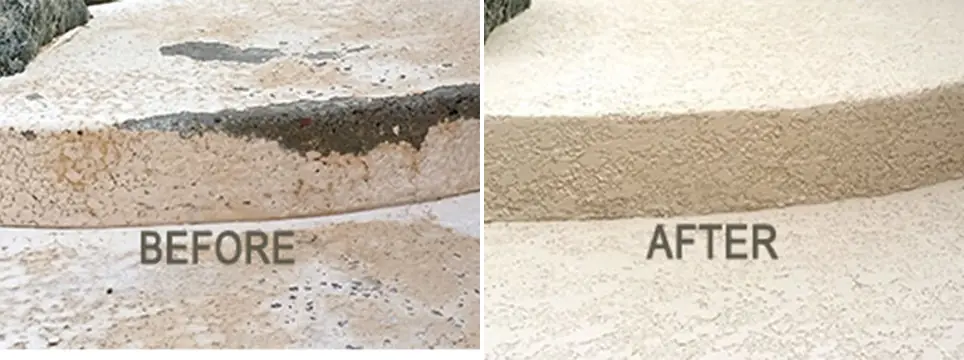 Damaged pool deck step repaired, before and after